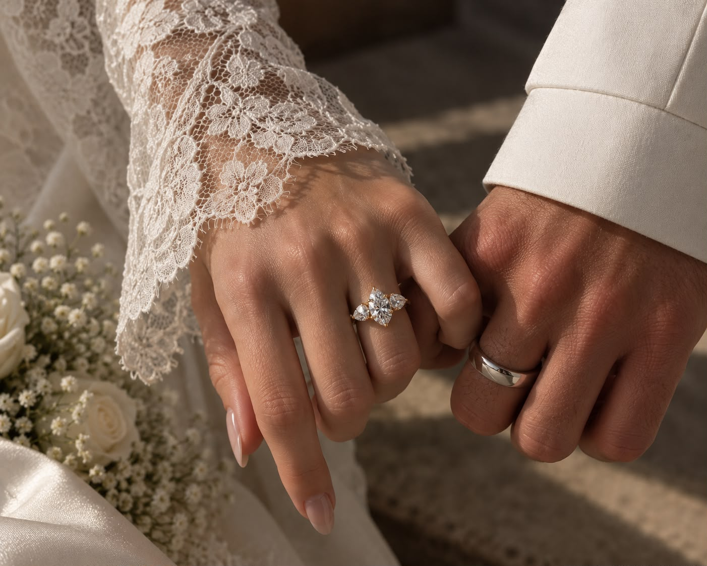 Brudpar håller händer med diamantring och vigselring i varmt solljus